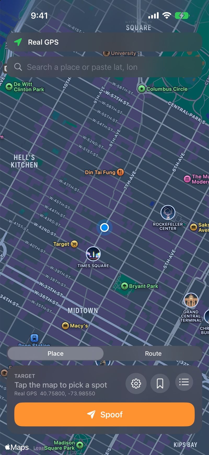 Elsewhere on iPhone showing Midtown Manhattan with the status banner reading Real GPS