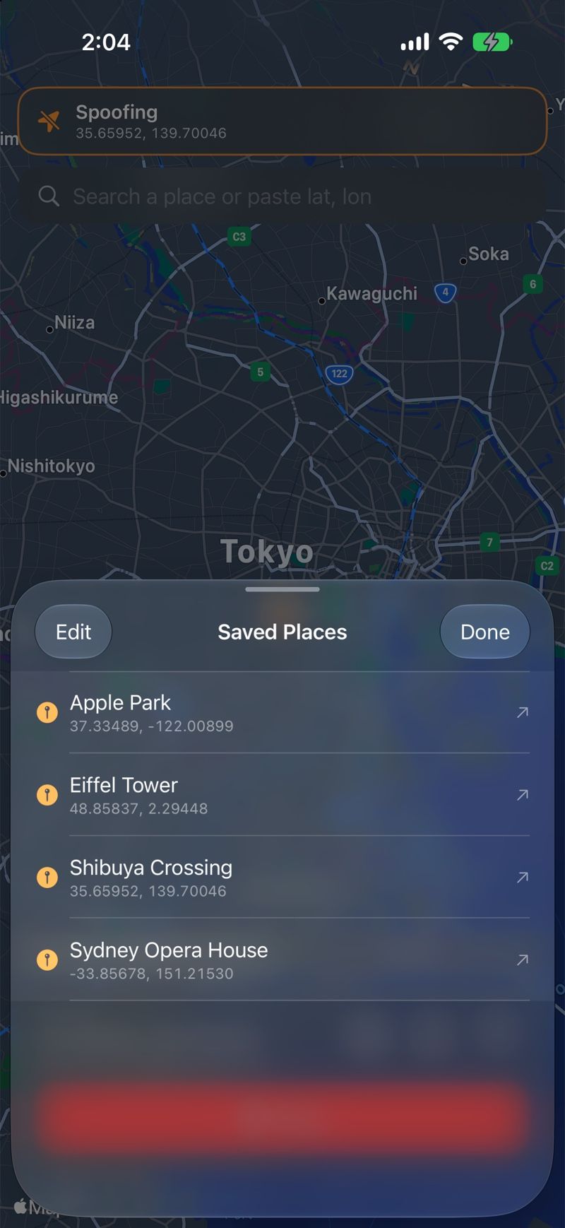 Elsewhere's Saved Places sheet listing Apple Park, the Eiffel Tower, Shibuya Crossing and the Sydney Opera House