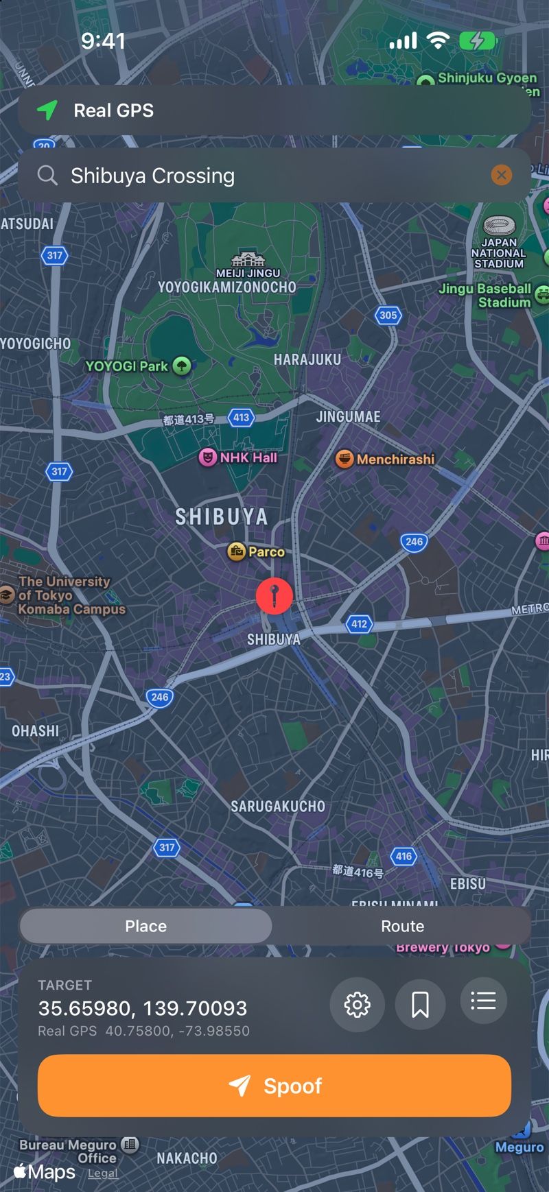 Elsewhere with a red target pin placed on Shibuya Crossing in Tokyo